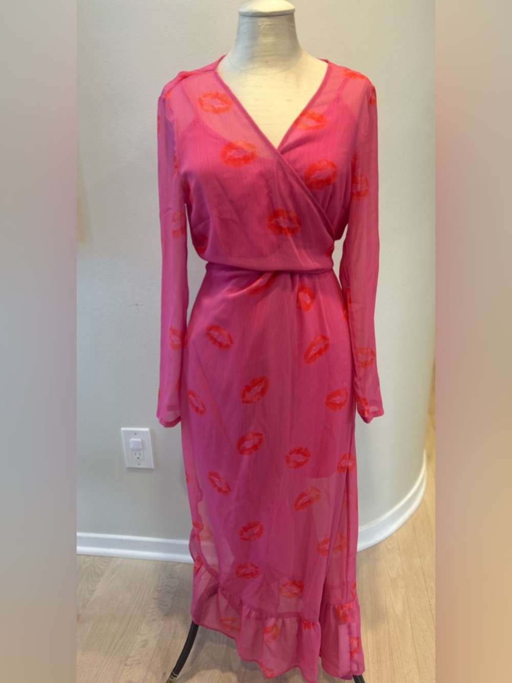 Never Fully Dressed Pink Maxi Wrap Dress with Red Lip Print